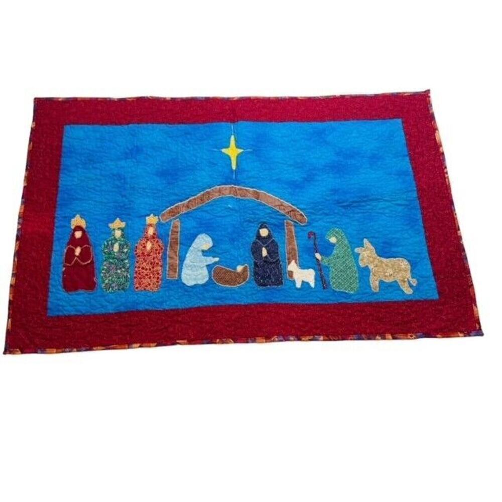 Quilted Tapestry Holy Family Manger Scene Mat Holiday Christmas Nativity